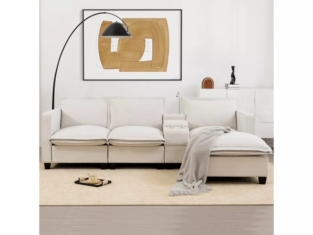 Canapé 3 places en chenille - avec USB et liseuse - avec porte-gobelet et avec repose-pieds - Beige