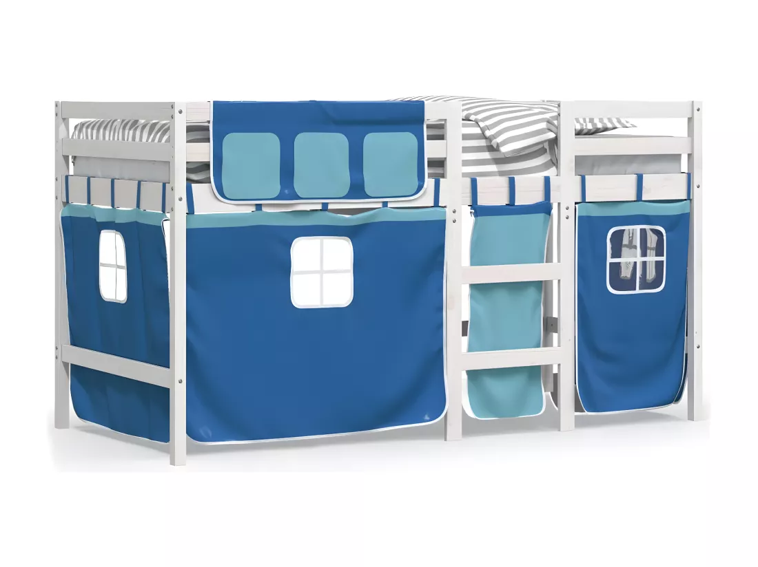 Lit mezzanine enfants et rideaux bleu 90x190cm bois pin massif