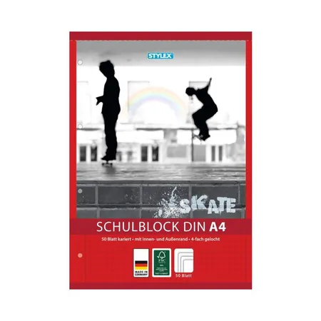 Stylex Schulblock mit 50 Blatt, kariert, DIN A4, gelocht, 10 Stück