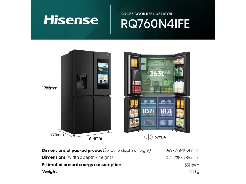 Hisense RQ760N4IFE - Køleskab/fryser - frans dør-bundfryser med vanddispenser, isdispenser - Wi-Fi - bredde: 91.4 cm - dybde: 72.5 cm - højde: 178.5 cm - 577 liter - Klasse E - sort