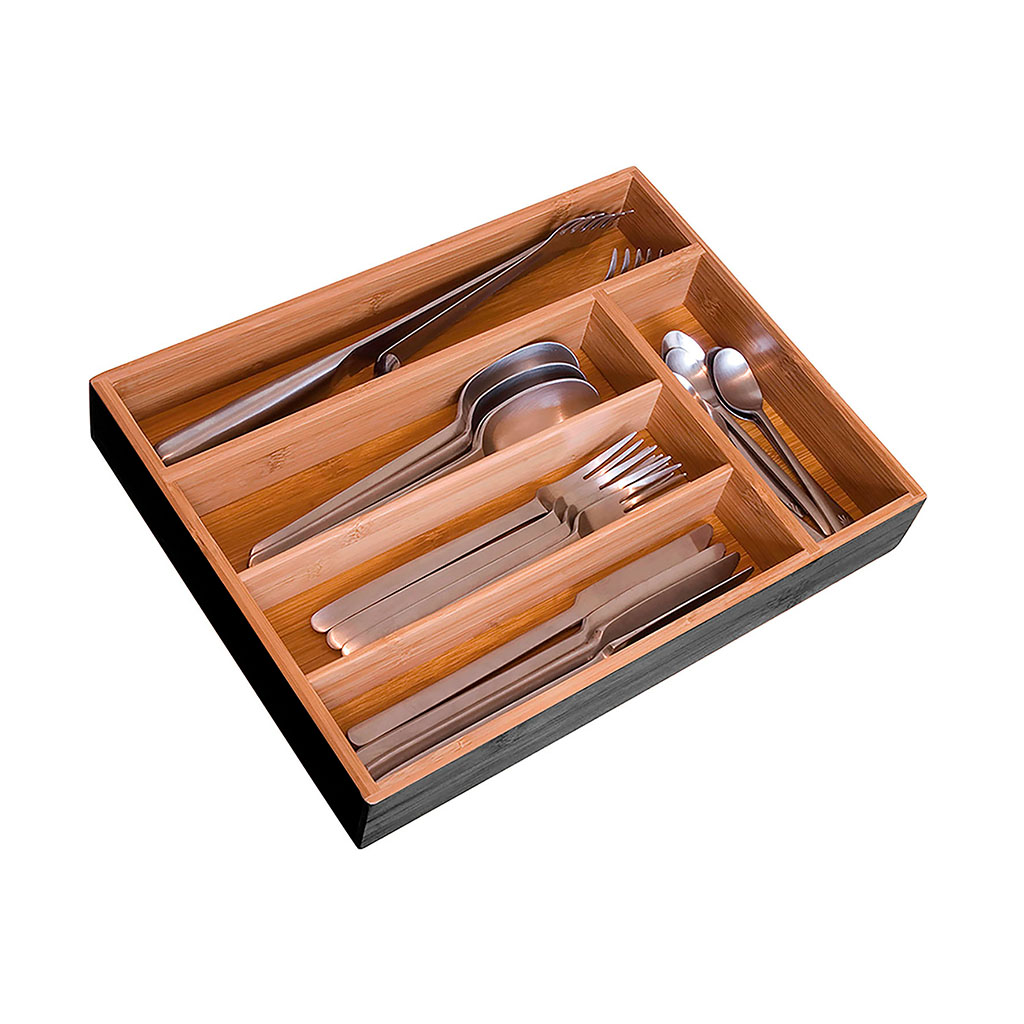 Range couverts 5 compartiments noir et bambou 4.5x37x30cm