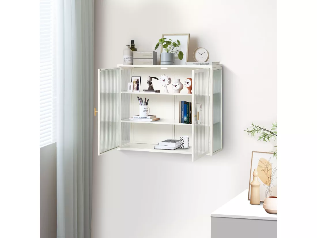 Armoire Murale Moderne à Deux Portes avec Verre Trempé et Rangement à Trois Niveaux, pour Salon, Entrée, Salle de Bain et Salle à Manger (70cm, Blanc)