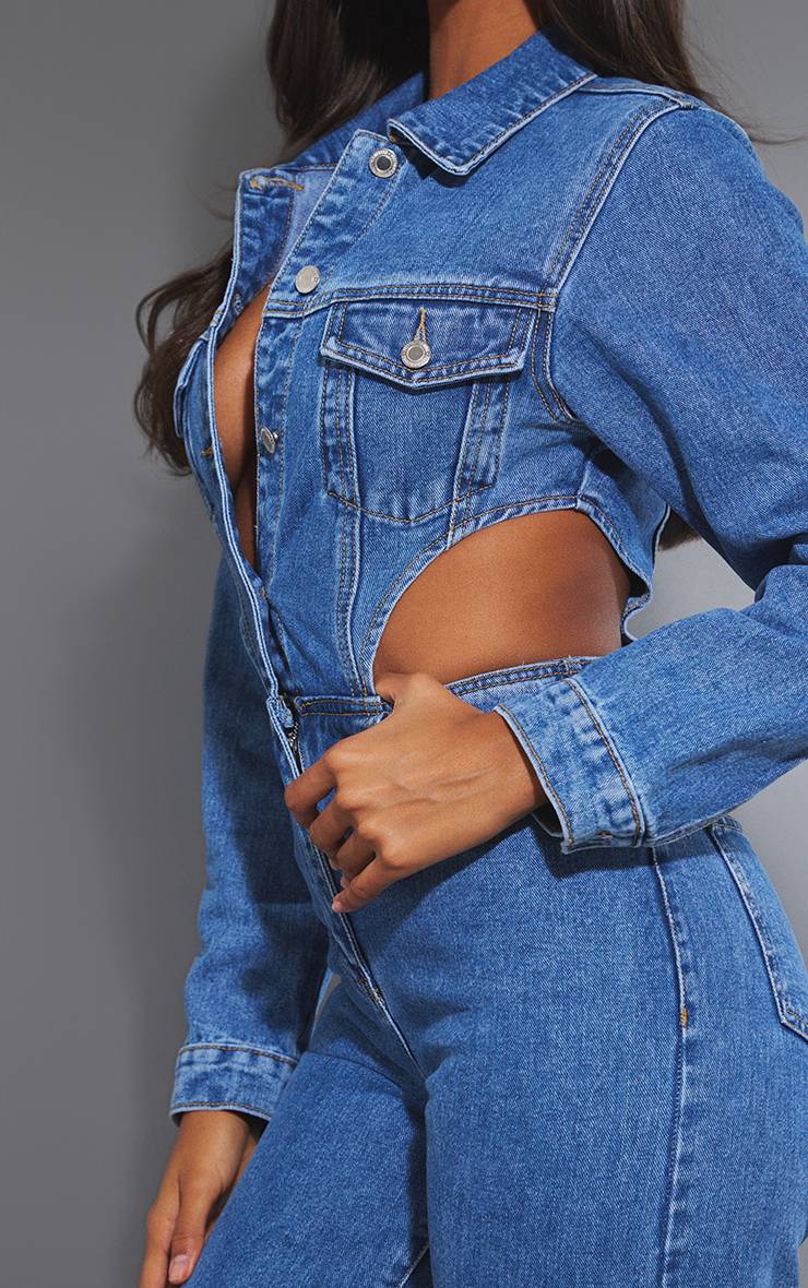 Mid Blue Wash Combinaison En Denim À Taille Découpée