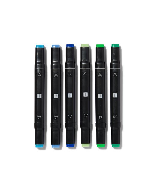 6 marqueurs twin tip bleu-vert