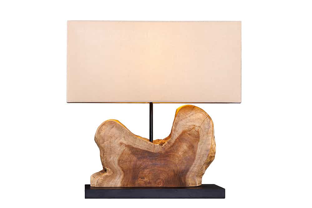 Handgefertigte Tischlampe HYPNOTIC 50cm natur Teakholz beige mit Leinenschirm