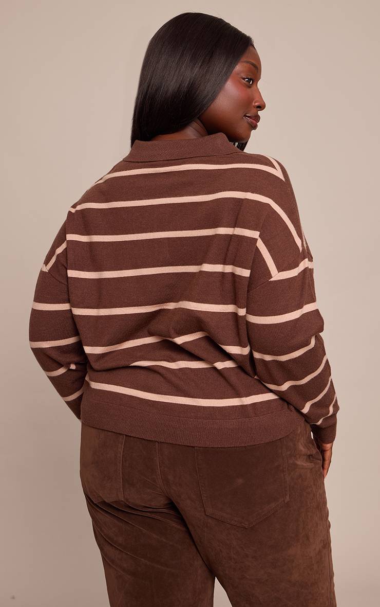 Chocolat Haut Rugby Polo Rayé À Manches Longues En Maille Grande Taille