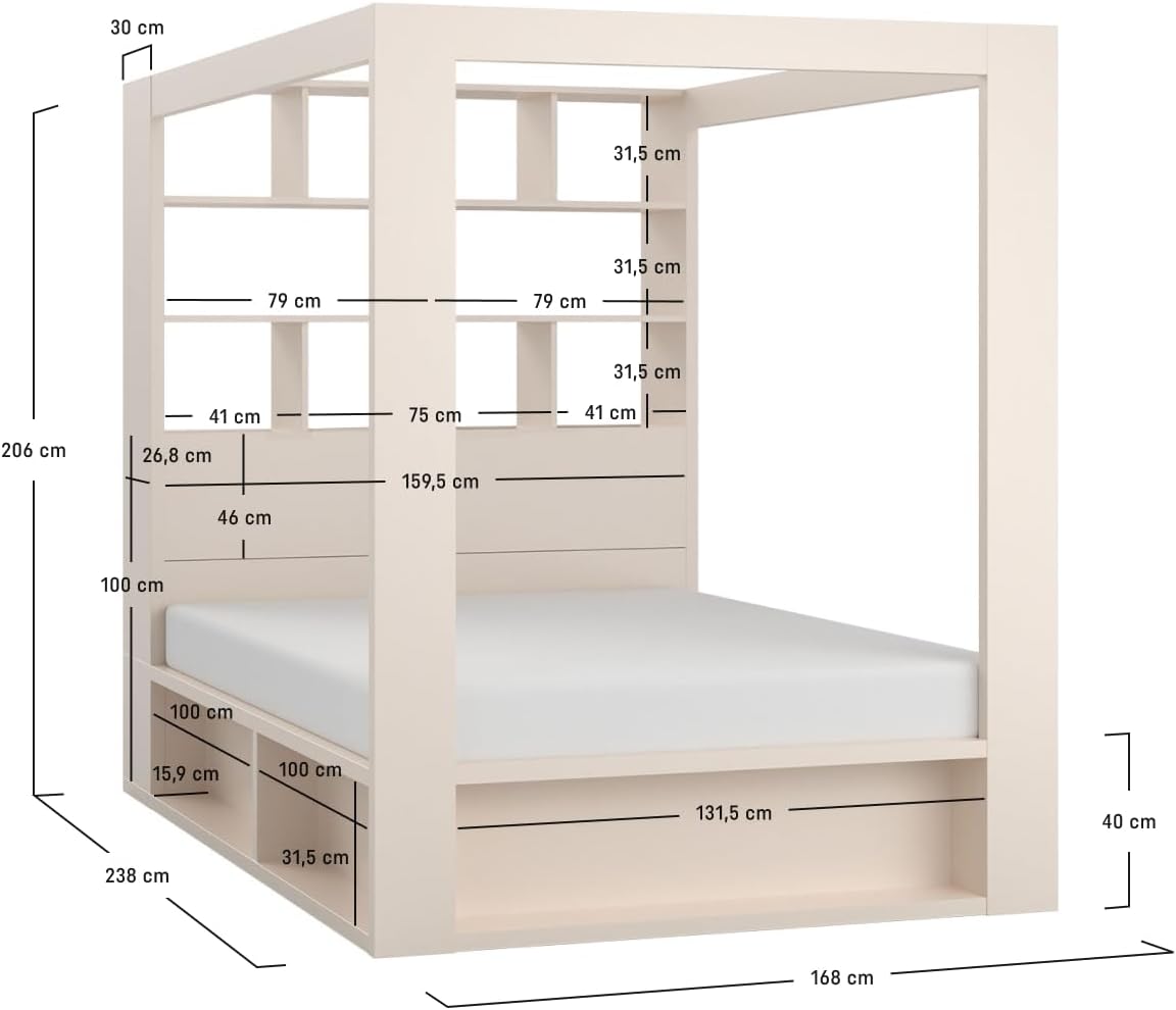 QMM Himmelbett Calgary 160x200 sandbeige Doppelbett Ehebett mit Regalen, aufklappbarem Lattenrost und Bettkasten, Schlafzimmer modernes Design