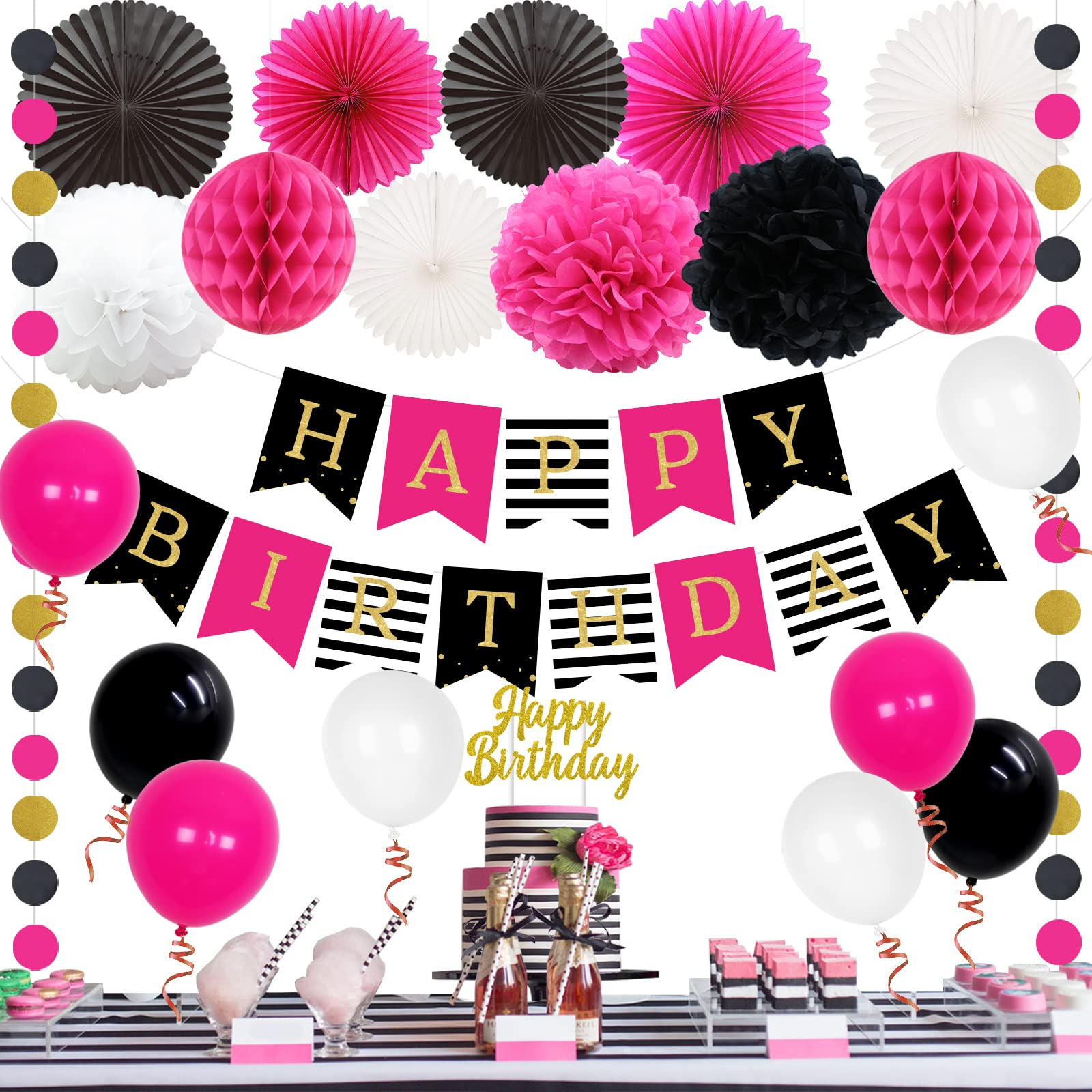 (31-tlg. Set) Happy Birthday Girlande Geburtstags Party Deko   Luftballons / Kuchenstecker / Wabenkugeln / Kreis Girlanden / Rosetten - Pink / Schwarz