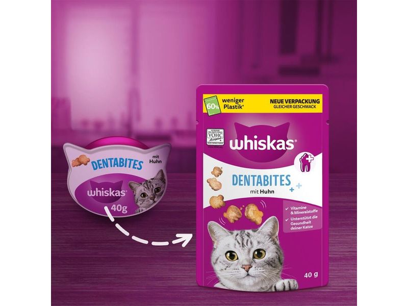 Whiskas Katzen-Snack Dentabites mit Huhn, 6 x 40g Ergänzungsfuttermittel für Katzen
