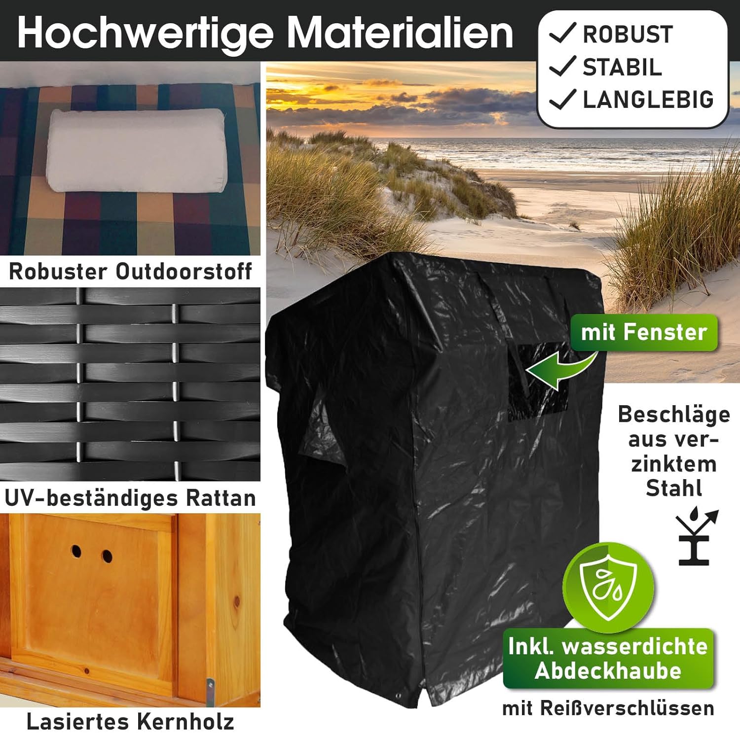 BRAST® Strandkorb Usedom 3-Sitzer XXL für 2-3 Personen | 165cm breit | 5 Designs | inkl. wetterfeste Abdeckhaube | verstellbare Rückenlehne Fußkissen | Rot/Grün/Beige - kariert