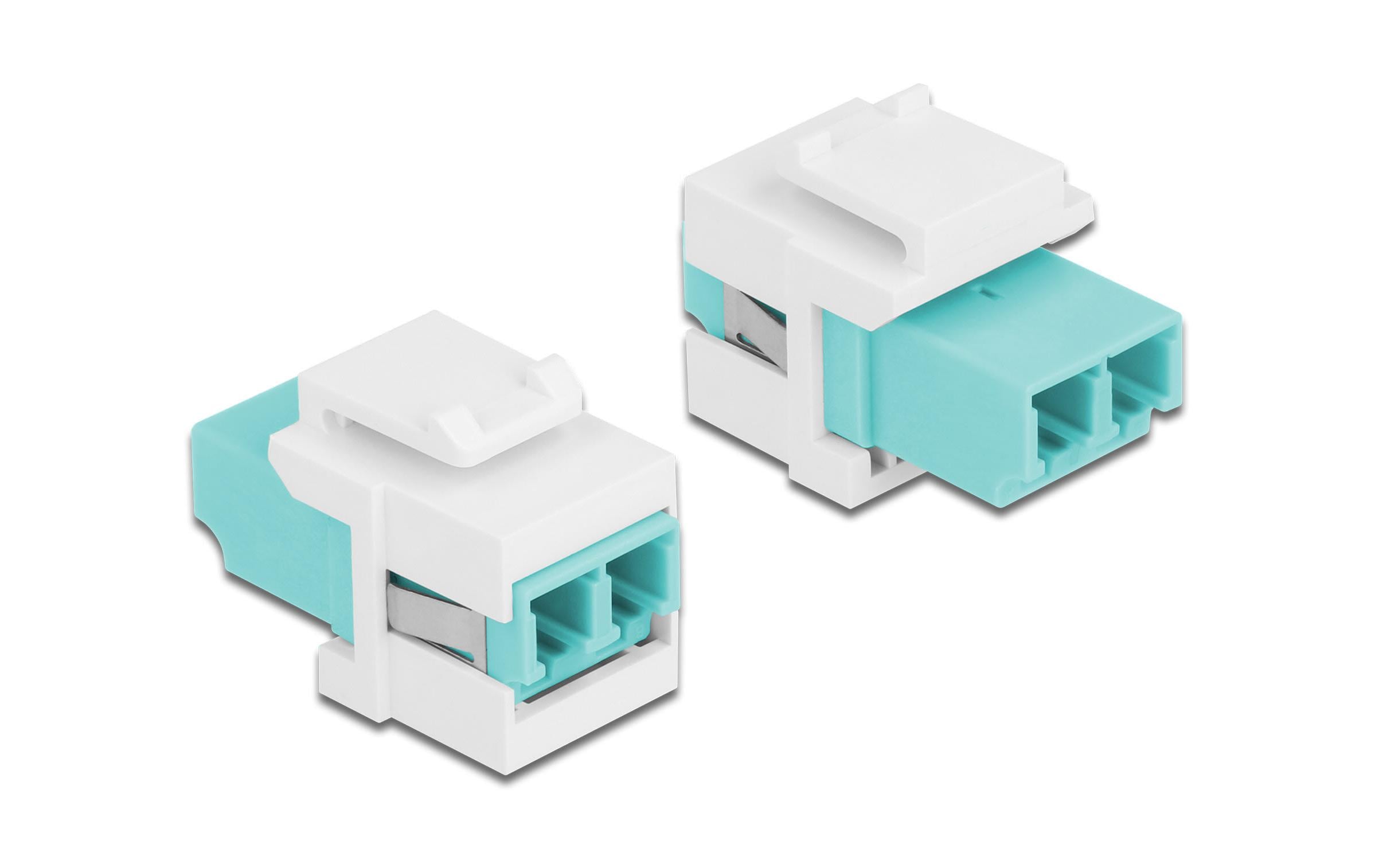 Keystone-Modul LC Buchse zu LC Buchse Aqua / WeissDelock Keystone Modul LC Duplex Buchse zu LC Duplex Buchse aqua / weiss