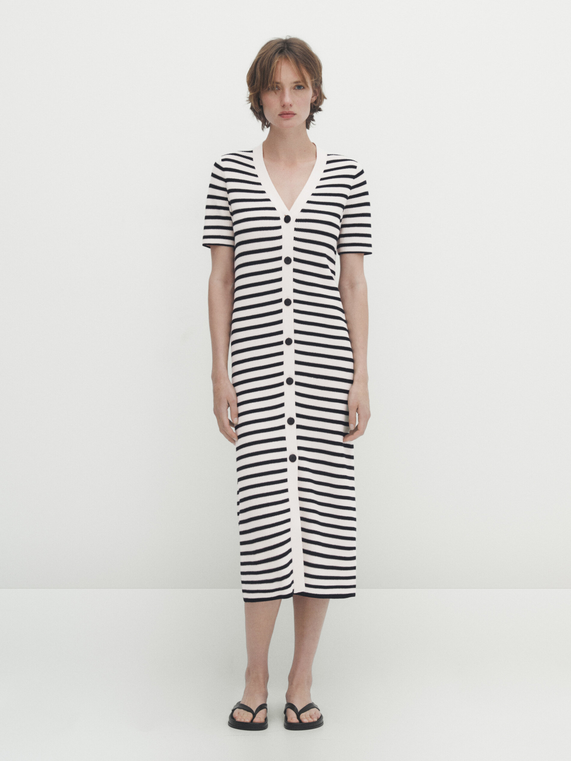 Vestido midi estruturado de algodão listrado - AZUL MARINHO