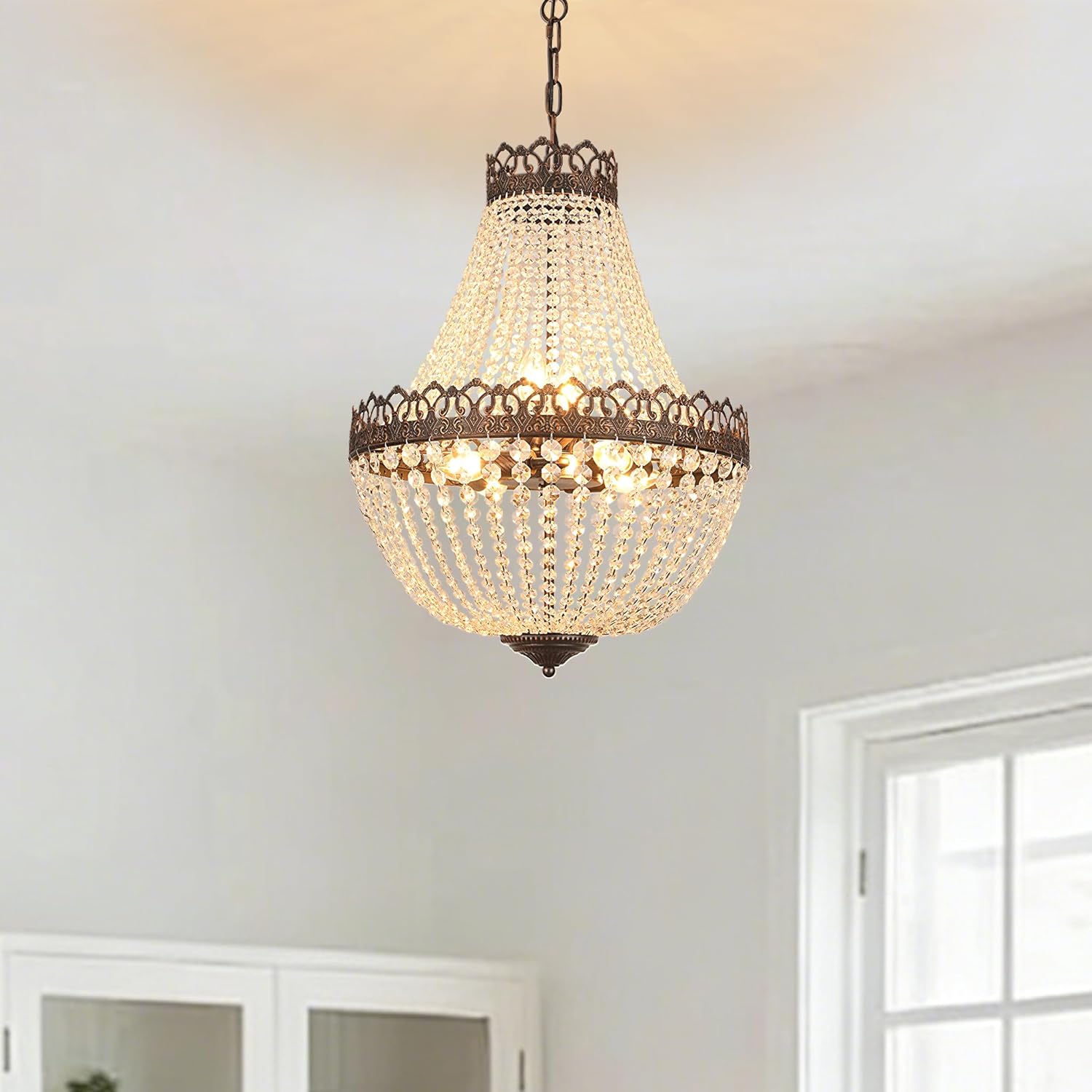 Kronleuchter Kristall Vintage,E14 Lüster Chandelier mit Verstellbarer Kette 100cm,6-Licht Pendelleuchte Esstisch,Antik Schwarz-Gold Deckenlampe Hängend for Hängelampe Esstisch,60W,Ø46cm.
