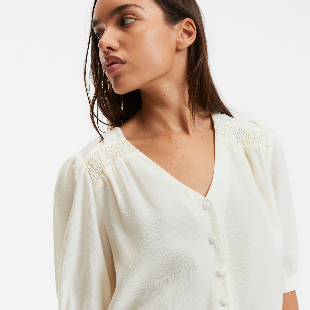 COLEÇÃO LA REDOUTE<br>Blusa fluida, decote em V, mangas curtas