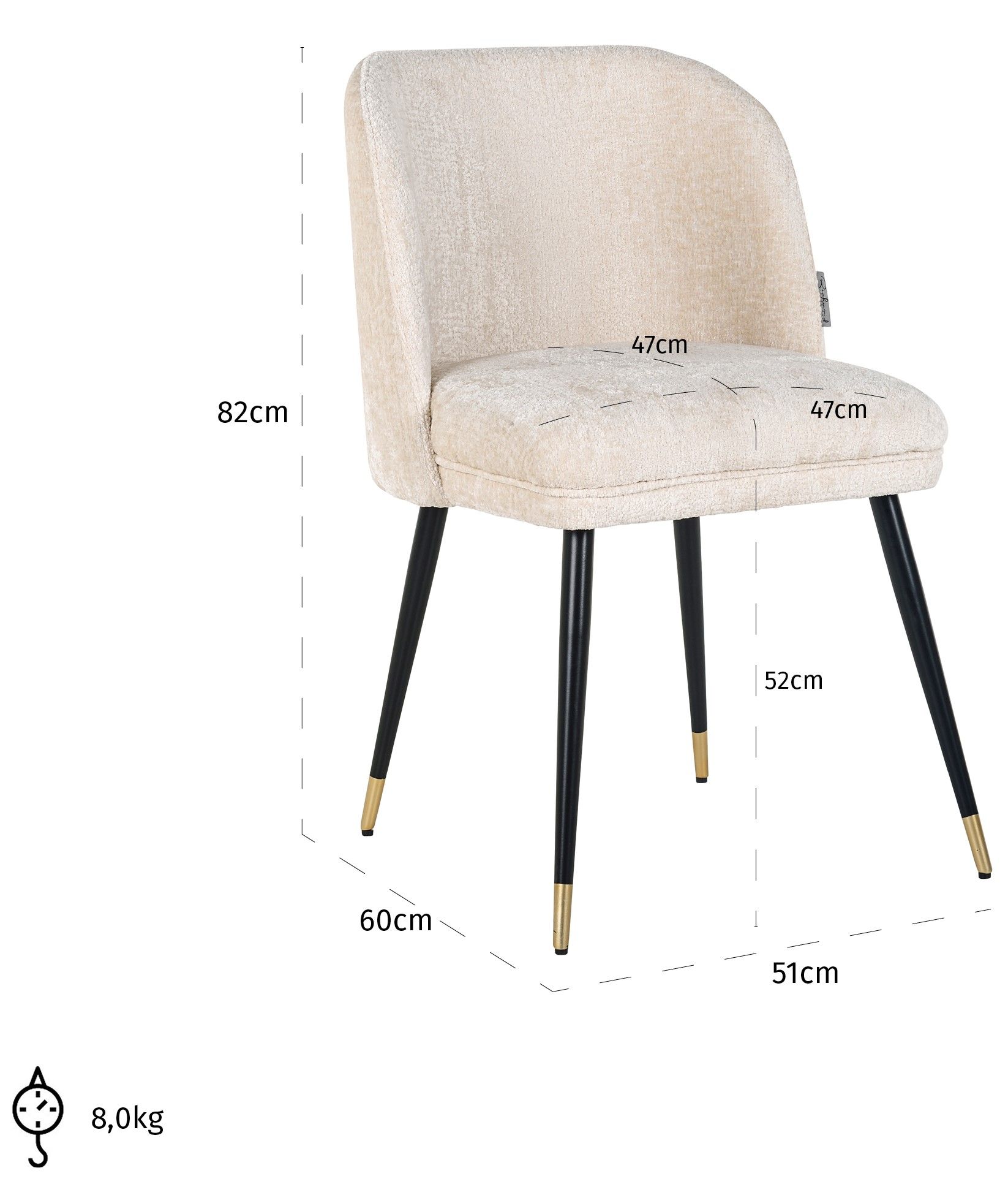 Eetkamerstoel 210855 White Chenille Alicia B51 x D60 x H82 cm