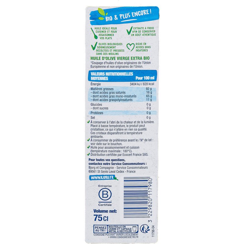 Huile d'olive vierge extra bio Bjorg  - Bouteille de 75 cl
