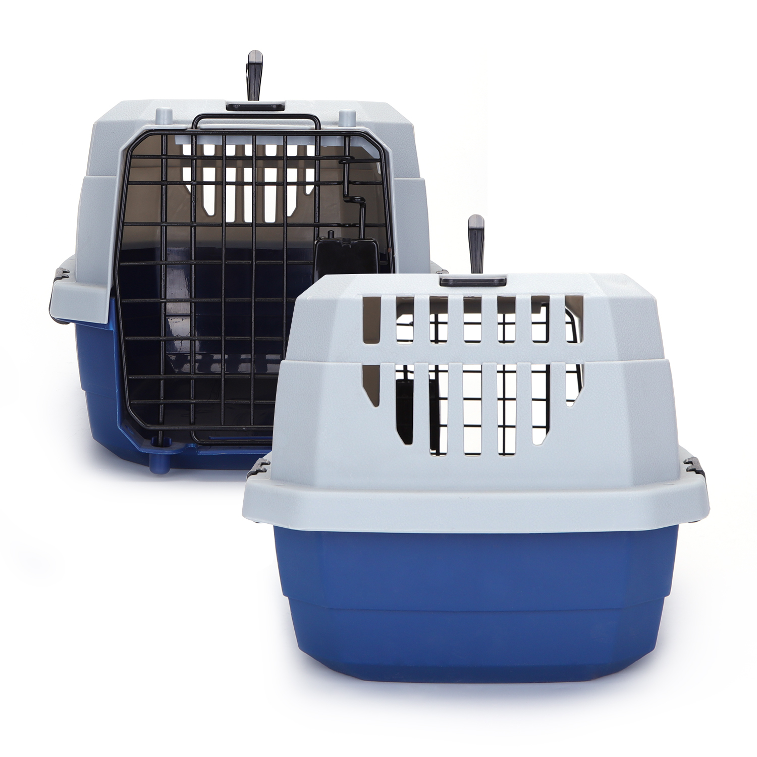 Transportadora de plástico Nobleza azul e cinza para cães e gatos.