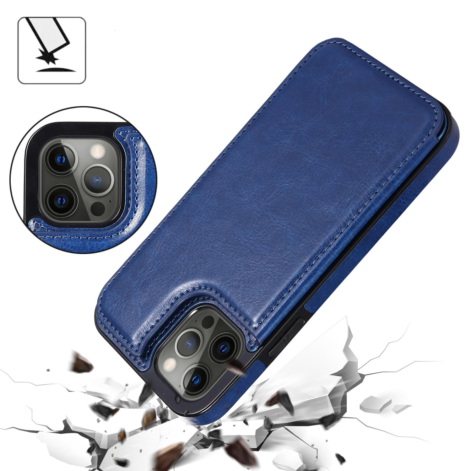 iPhone 14 Pro Hybrid Leder Hülle mit Kartenfach   Kickstand Aufsteller - Blau