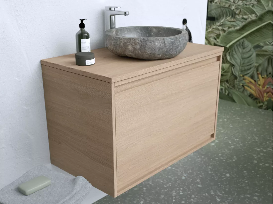 Meuble de salle de bain suspendu avec vasque à poser en pierre - Placage chêne - 80 cm - MESLIVA
