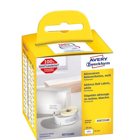 Avery Zweckform AS0722400 Rollenetiketten Adressaufkleber 36 x 89 mm, 2 Rolle/520 Etiketten, weiß