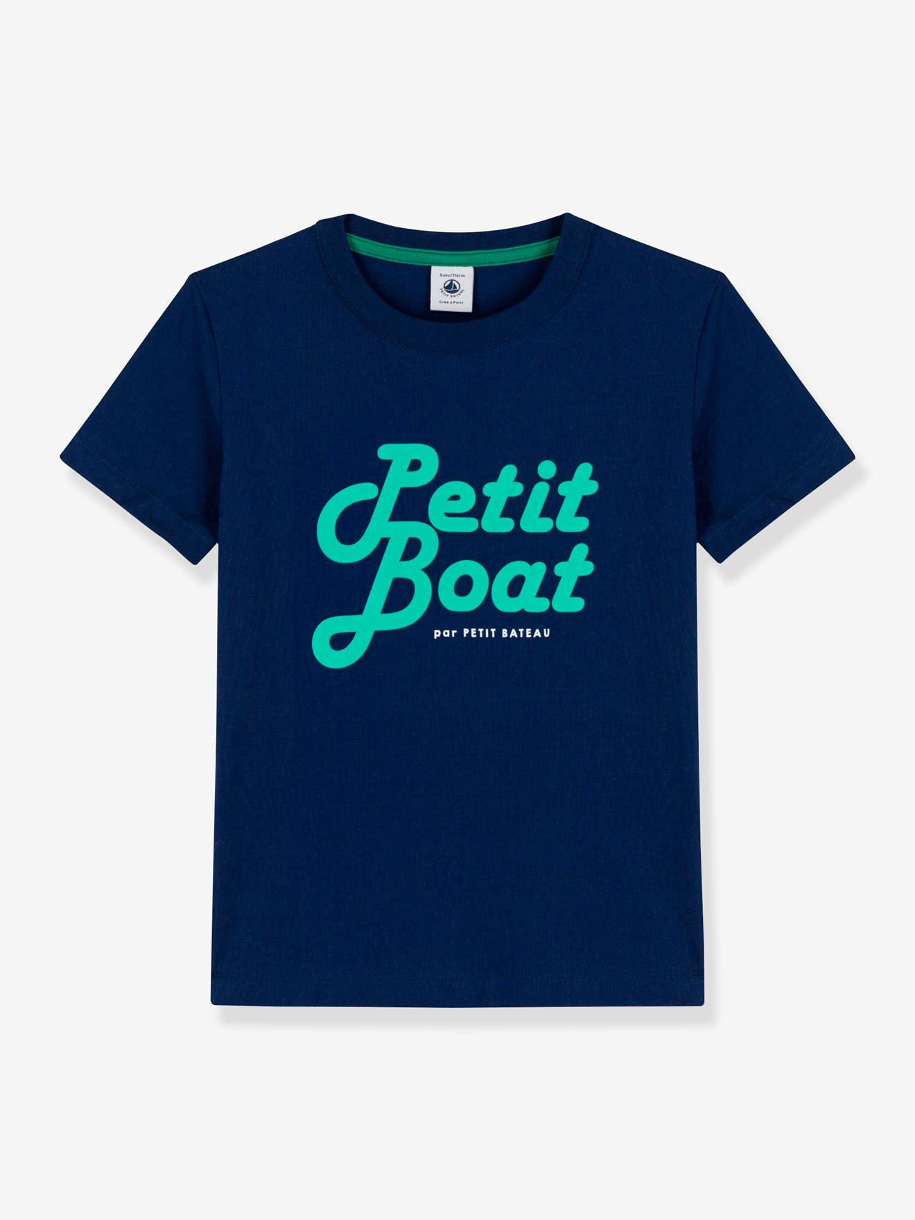 Camiseta infantil PETIT BATEAU de algodão, manga curta, azul médio liso com estampas.