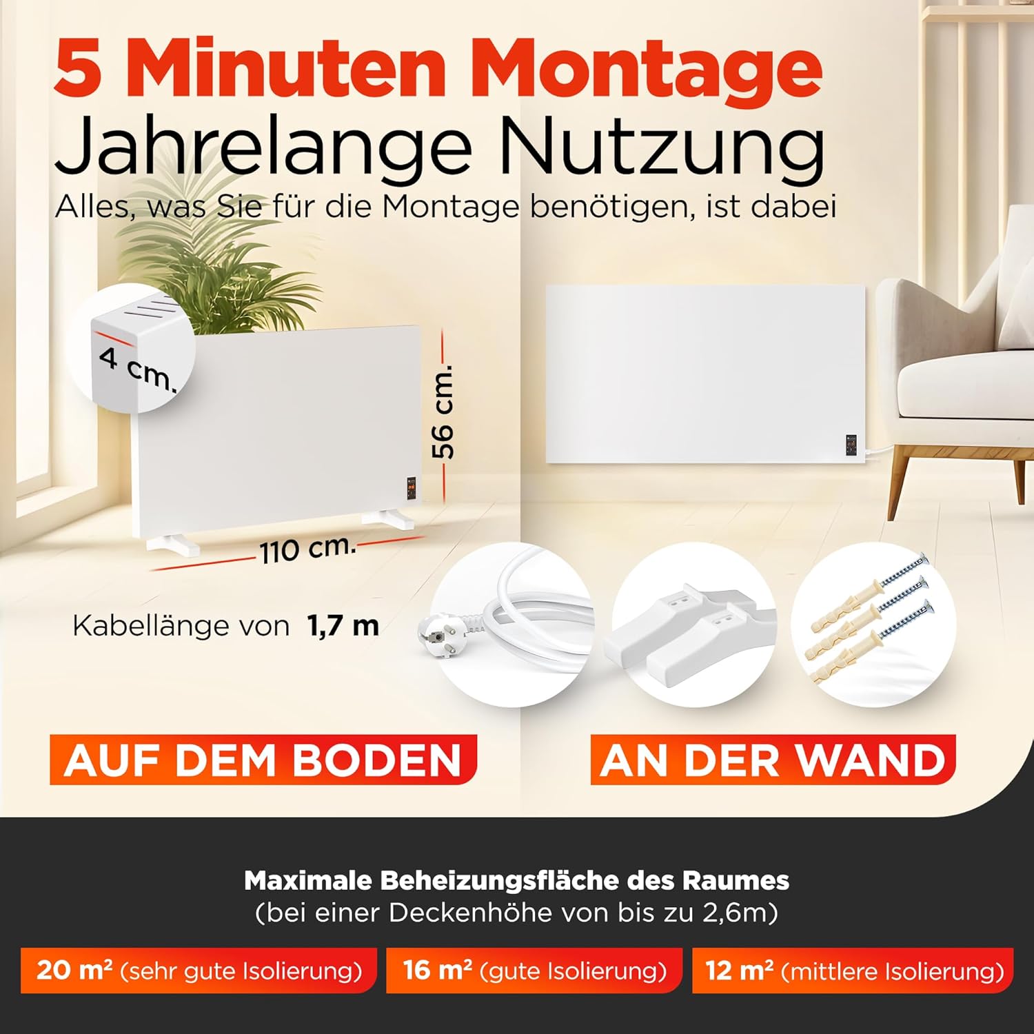 WLAN Infrarotheizung mit Thermostat 750 W bis 20 m² | Intelligente Infrarot Wandheizung & Standgerät | Energiesparende Infrarot Elektroheizung & Konvektor Heizung für Zuhause und Badezimmer