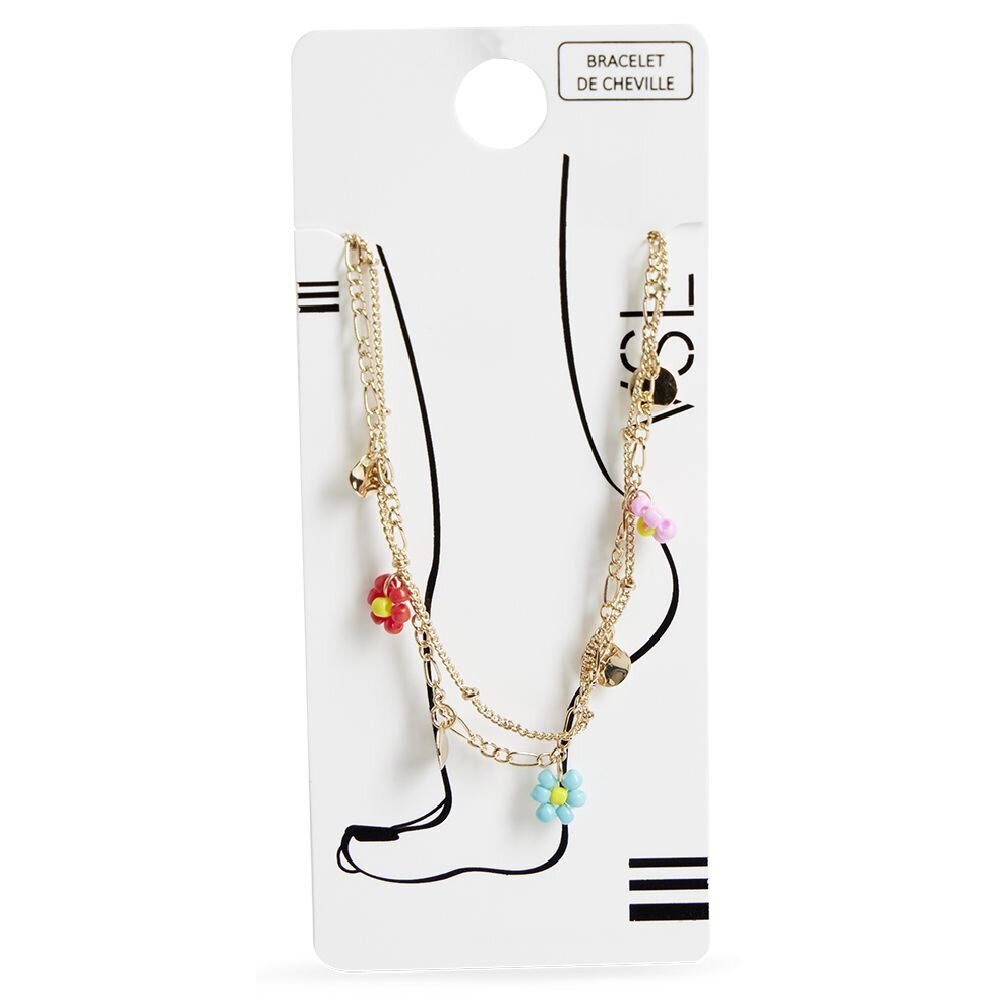 Bracelet de cheville 2 rangs pastilles dorées et fleurs multicolores