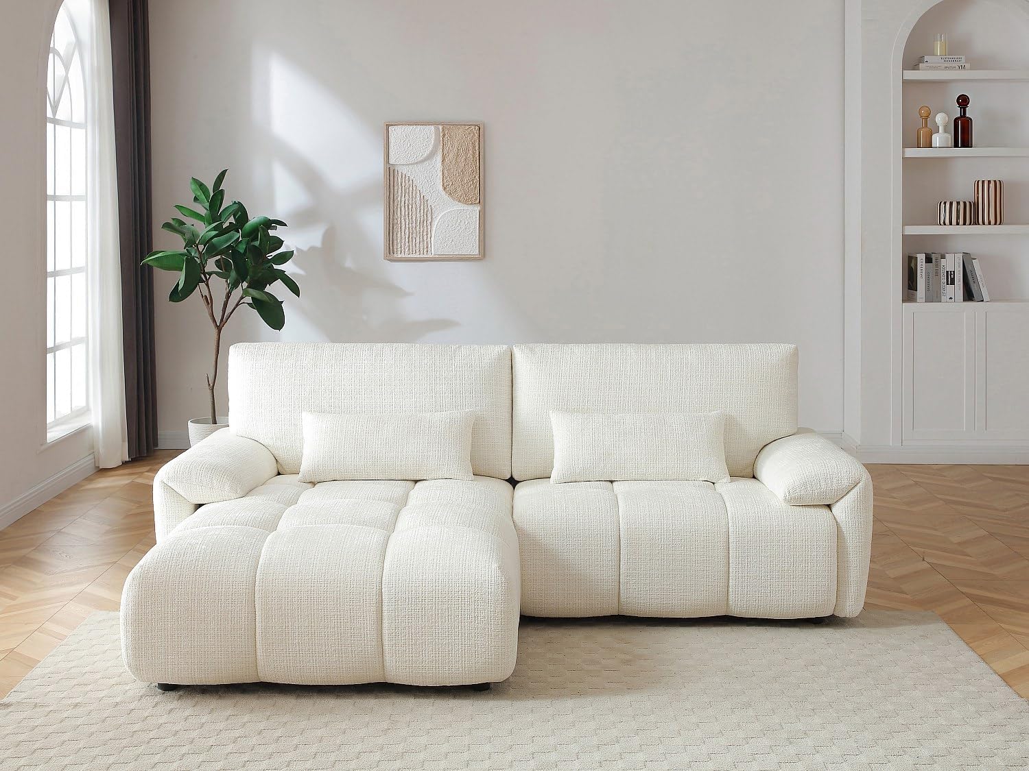 Vente-unique-Ecksofa – Ecke Links – Chenille-Stoff – Offwhite – ANELKO