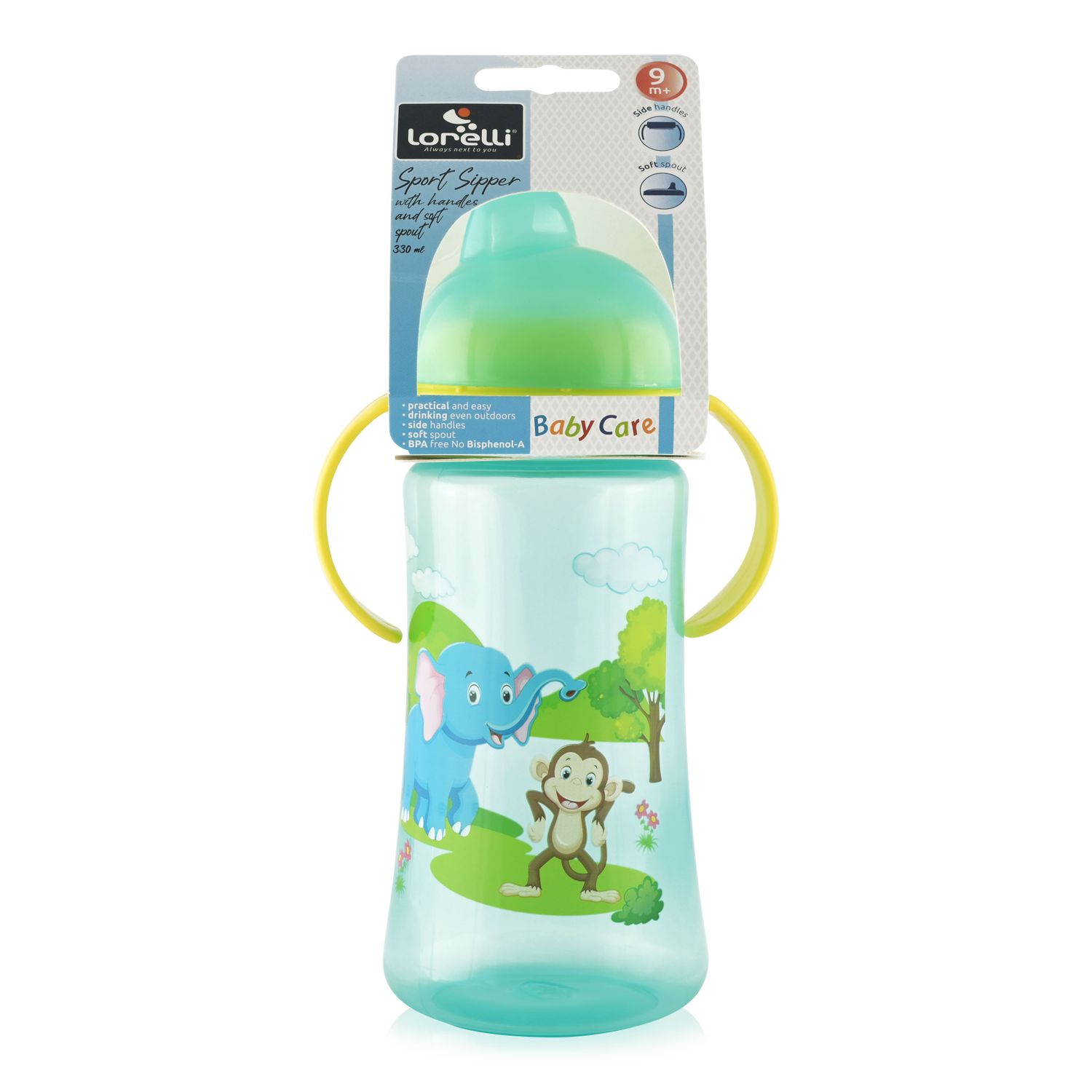 Baby Care Trinkflasche Sport Sipper 330 ml Griff Strohhalm, Schutzdeckel grün