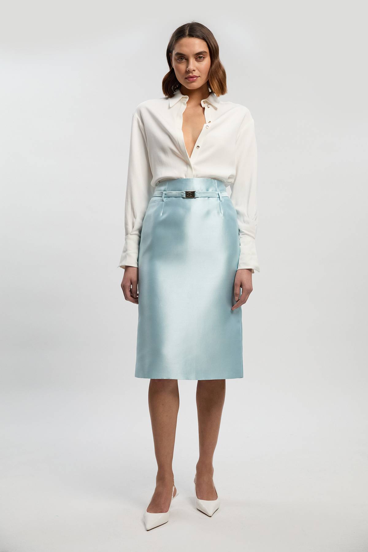KarenMillen The Founder Satin Twill Belted Tailored Midi Skirt