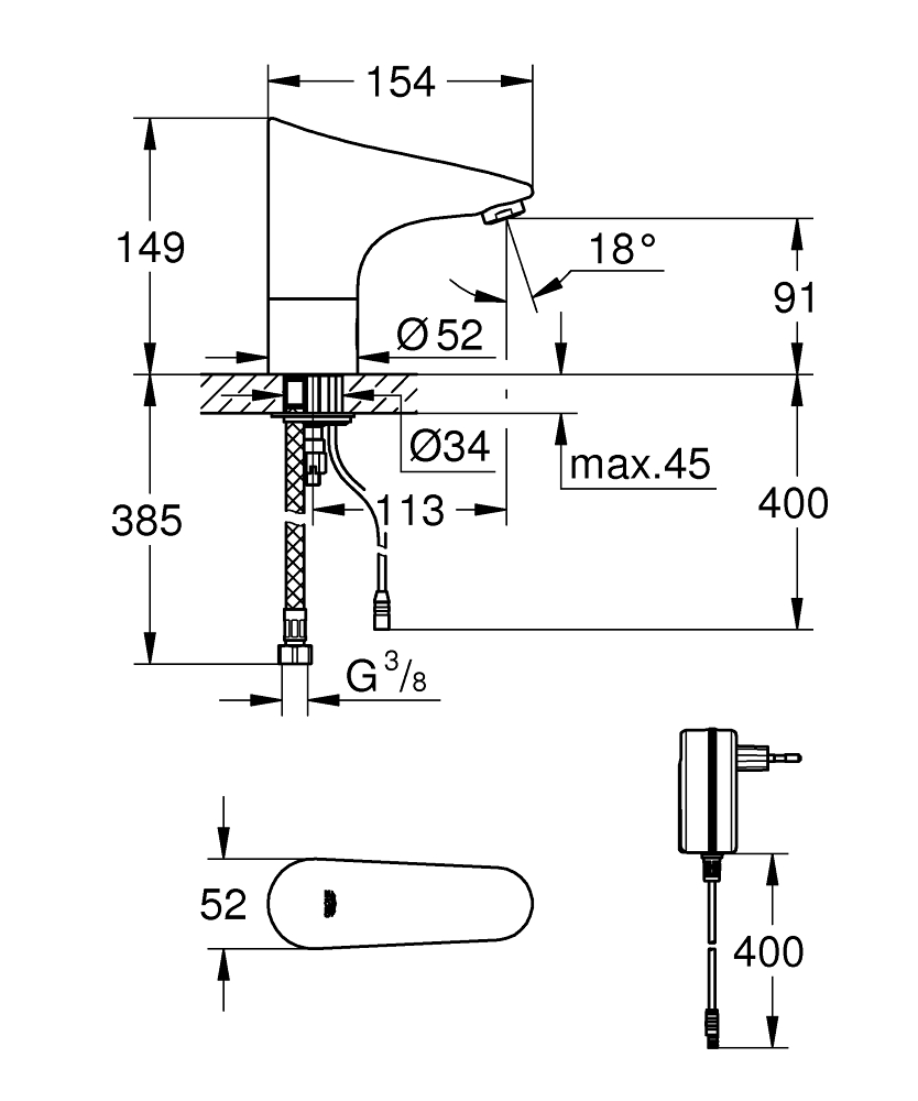 Grohe Europlus E 1-gats wastafelkraan met infraroodsensor 230V chroom