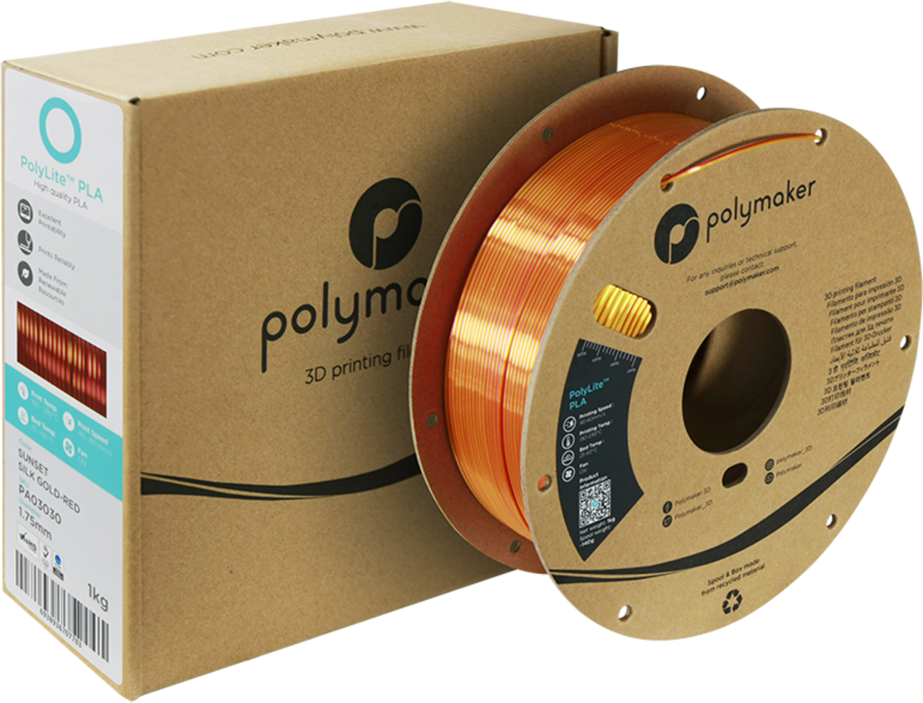 Polymaker  PolyLite Dual Silk PLA Sunset Gold-Red, 1,75 mm / 1000 g    Zweifarbiges PLA-Filament mit seidigem Finish