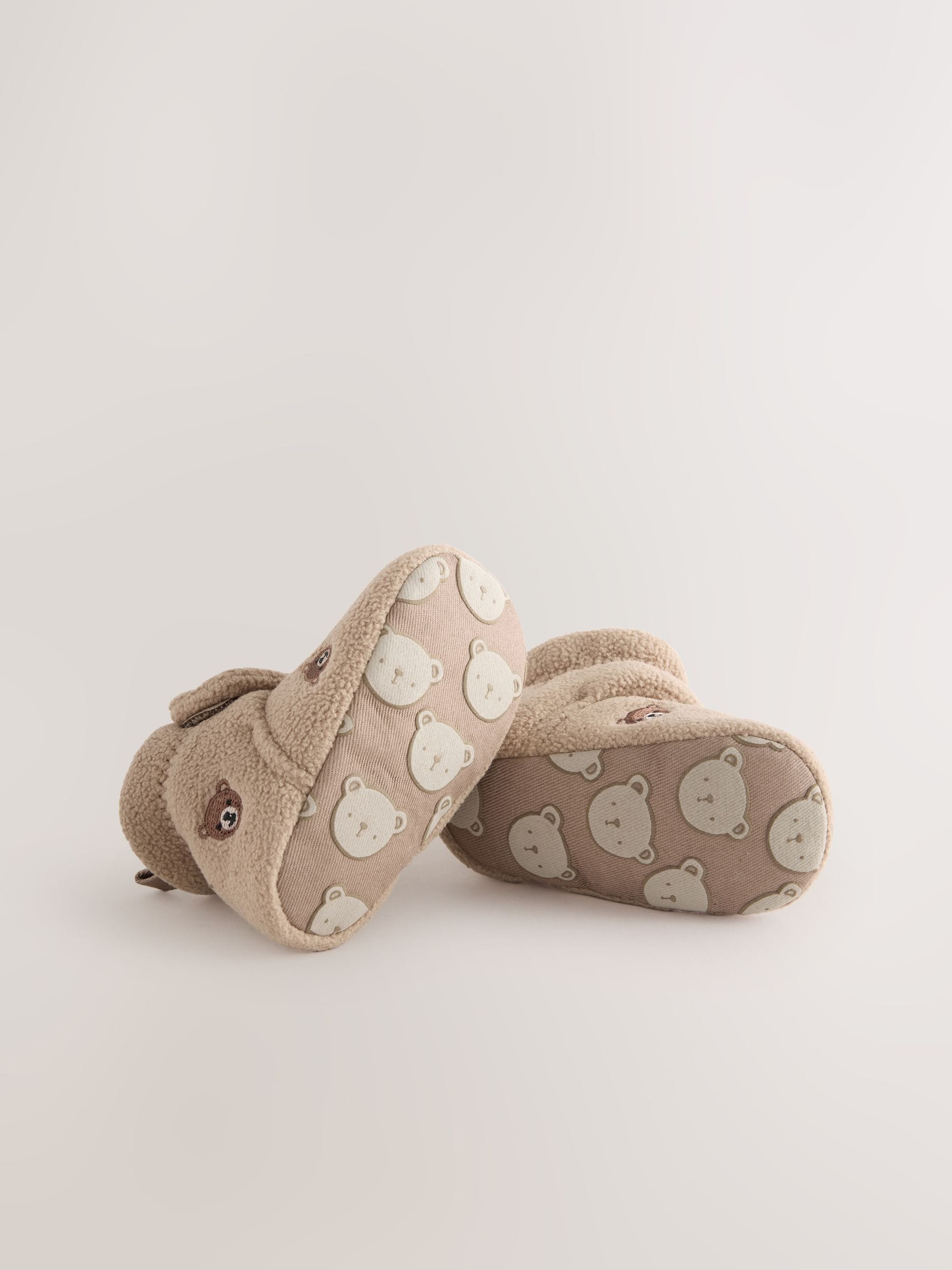 Naturel bruin met berenprint - Baby slofjes met klittenbandsluiting (0-2mnd)