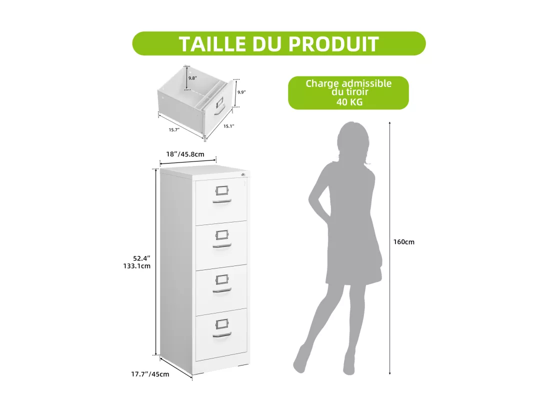 Classeur 4 tiroirs - pour format lettre/légal/A4 - pour le bureau à domicile - blanc - 45.8 x 45 x 133cm