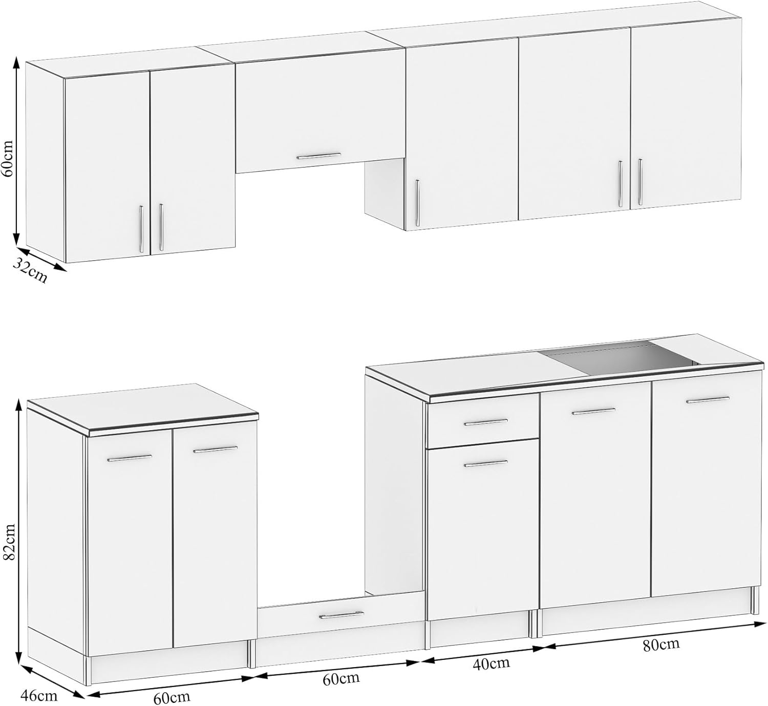 Moderne Küchenzeile ohne Elektrogeräte in Grau Hochglanz - Einbauküche mit viel Stauraum - Erweiterbares 2,4-m-Set inkl. Arbeitsplatten in Weiß - 240 x 82 x 46 cm (B/H/T)
