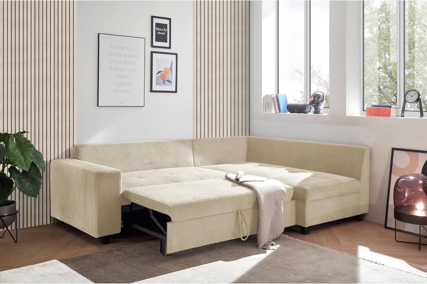 Ecksofa L-Form aus Cordstoff mit Schlaffunktion, beige (Cream) – Liegefläche 147 × 207 cm, Breite 243 cm, Sitzhöhe 45 cm, Modell MIRA