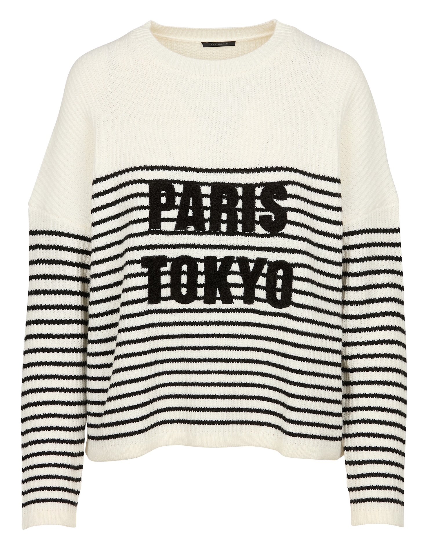 Pull ample col rond rayé en maille mélangée | Noir