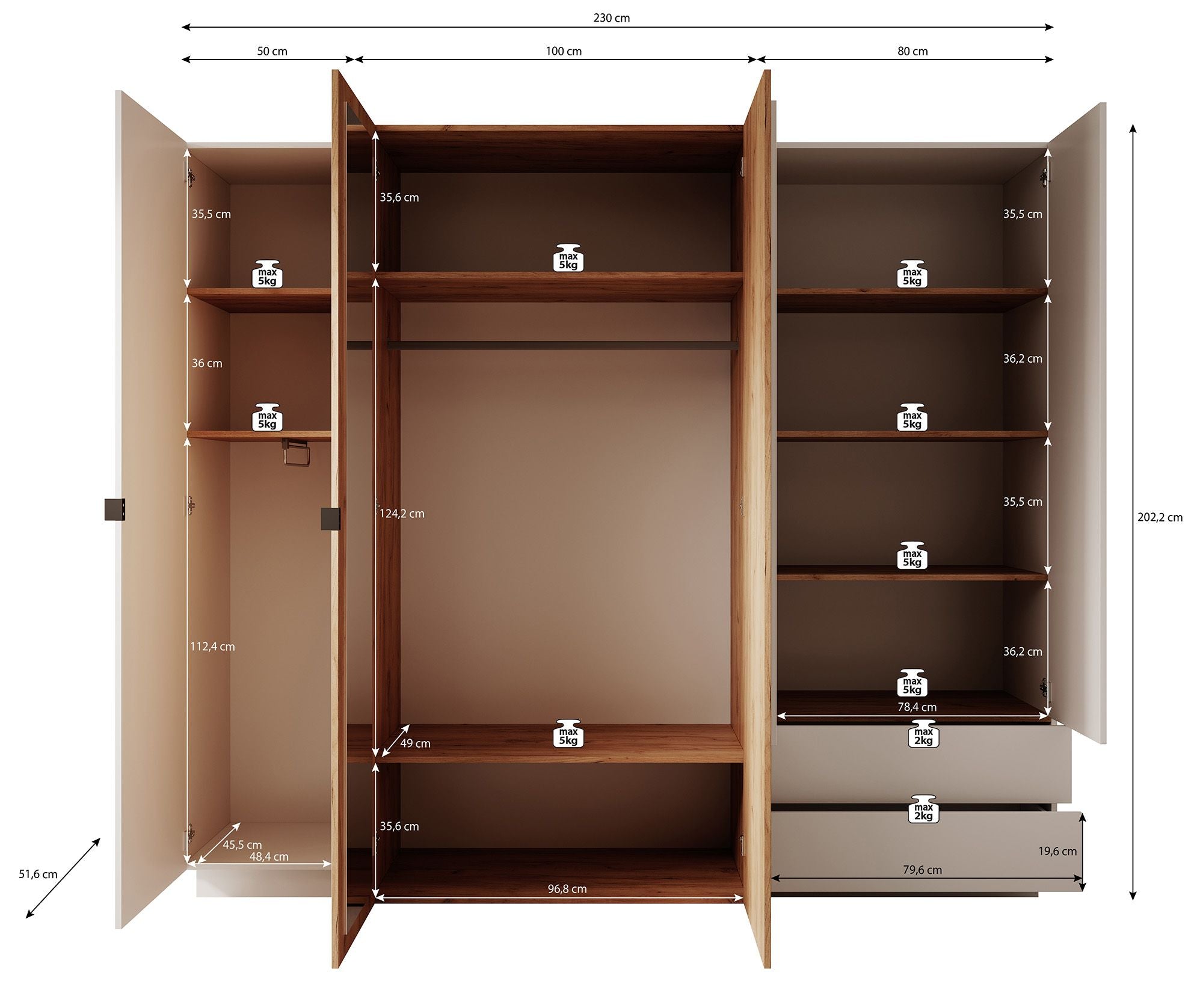 Meubella - Kledingkast Three - Wit - Eiken - 230 cm