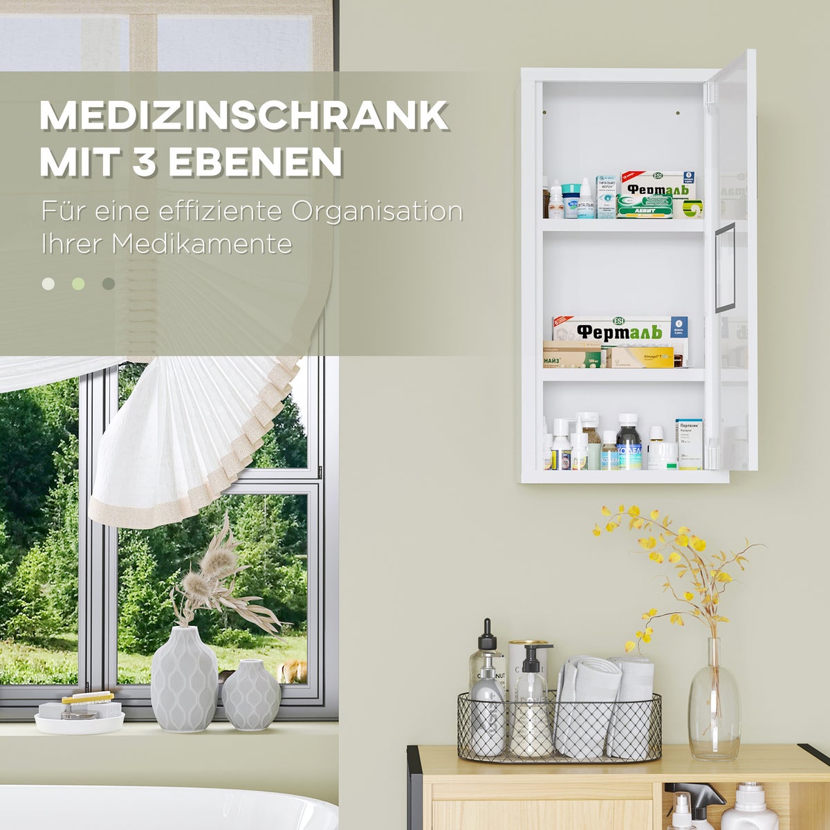 Kleankin medicijnkastje, EHBO-kastje, apothekerskast met 3 binnenvakken, medicijnkastje met magneetsluiting, medicijnkastje met handgreep, staal, wit, 30 x 12 x 60 cm