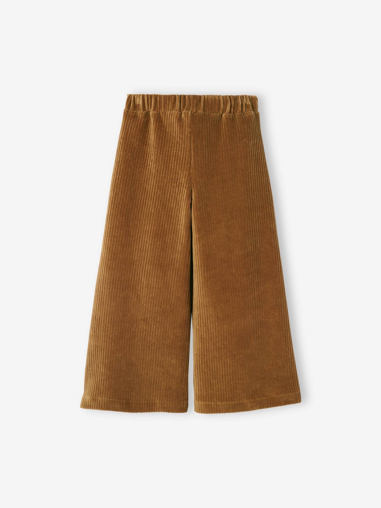 Calças de veludo cotelê de pernas largas, cor marrom médio lisa, para meninas.
