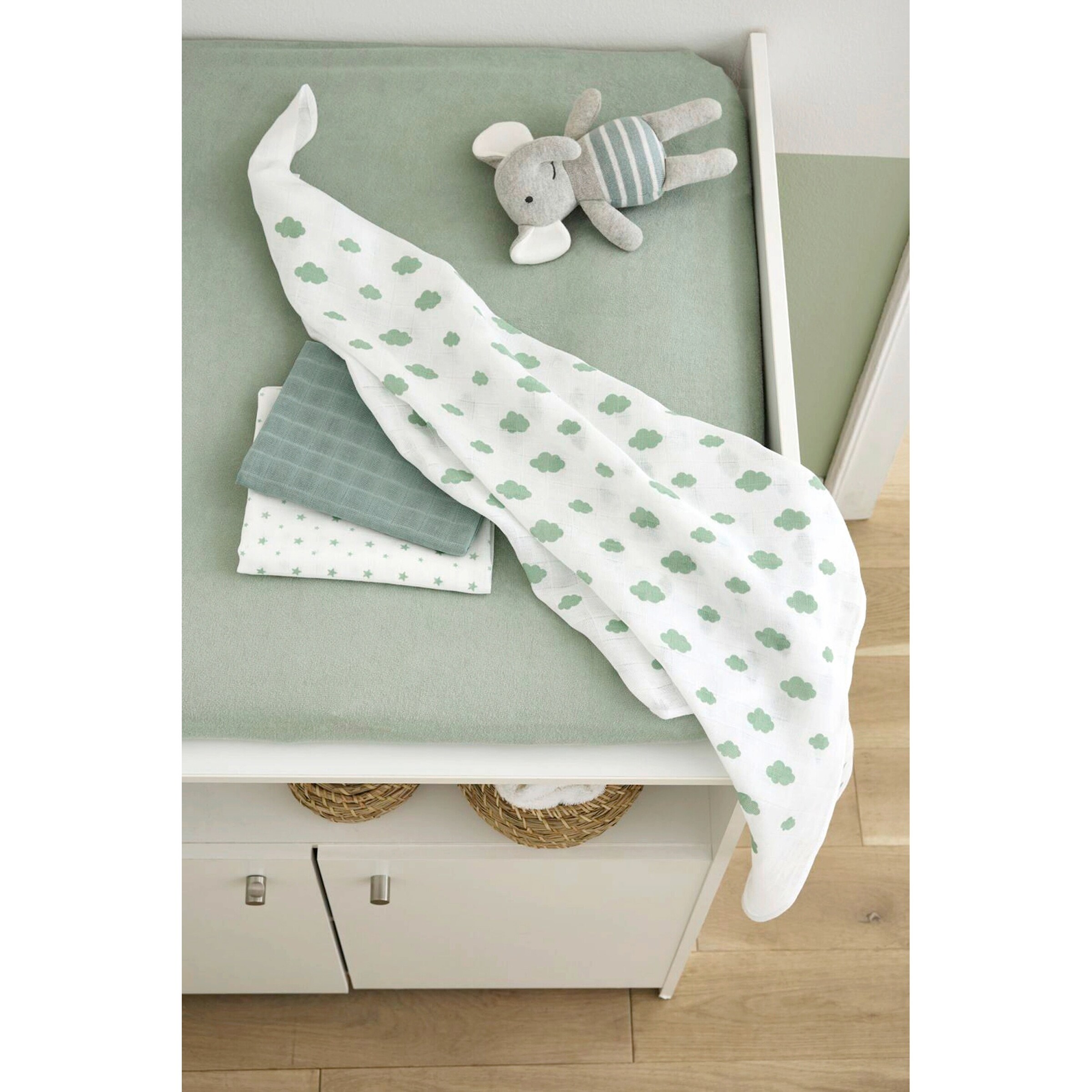 Bornino - Lieblinge 3er-Pack Mullwindeln Wolken und Sterne 80x80 cm grün