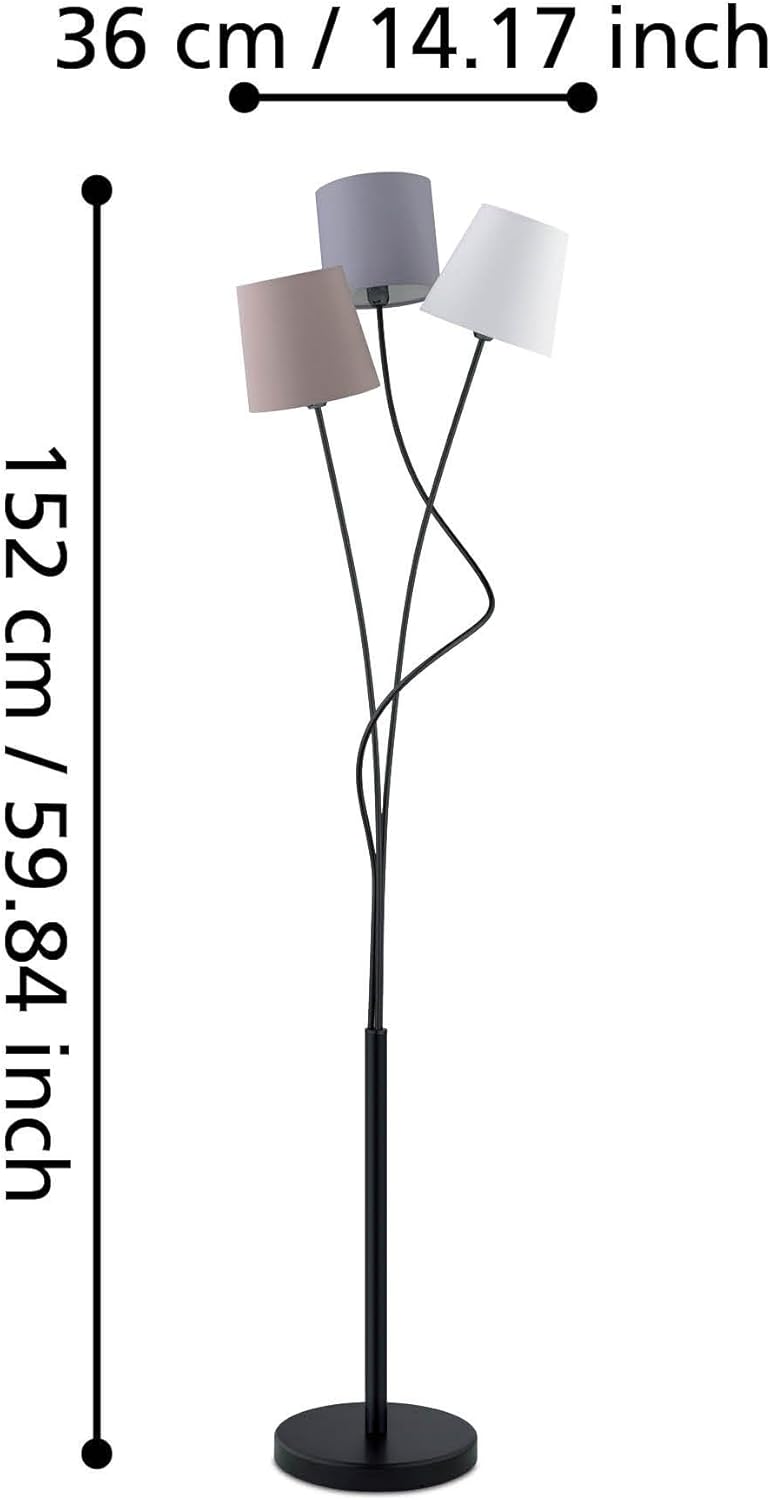 EGLO Stehlampe Maronda, 3 flammige Stehleuchte, Standleuchte aus Stahl und Stoff, Farbe: Schwarz, anthrazit, weiß, braun, Fassung: E14, inkl. Trittschalter