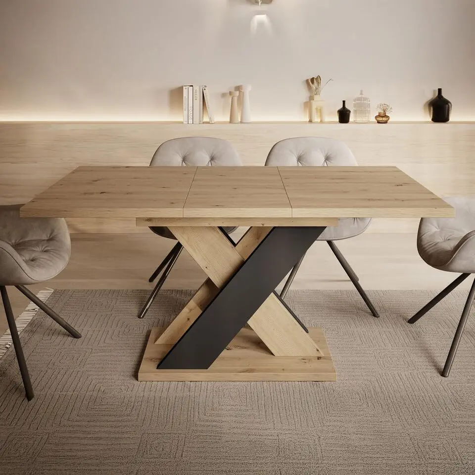 Meubella - Eetkamertafel Xandra - Eiken - Zwart - 160 cm - Uitschuifbaar