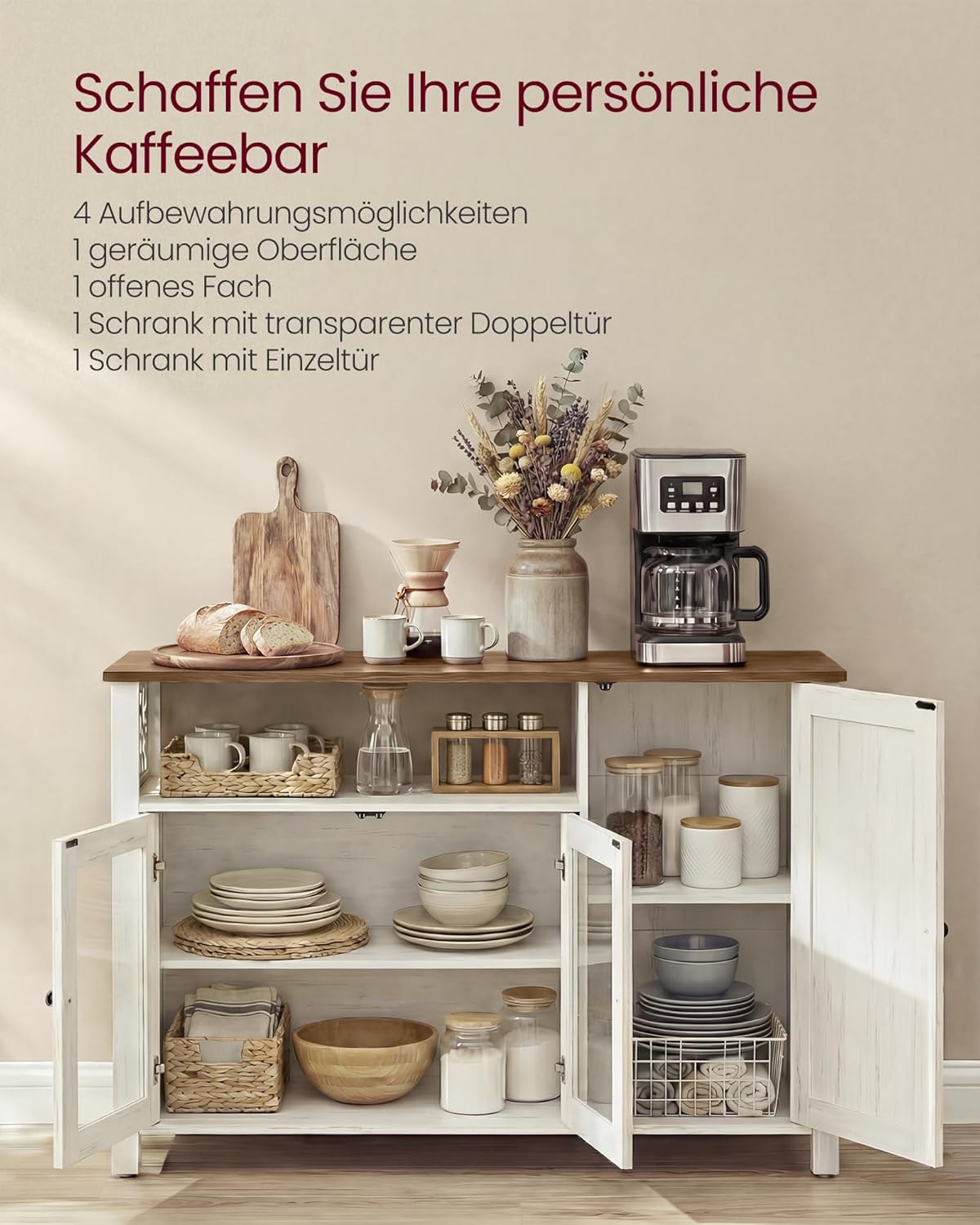 VASAGLE Sideboard, Küchenschrank, Aufbewahrungsschrank, mit 3 Türen, für Wohnzimmer, Küche, Esszimmer, 33 x 110 x 75 cm, Landhausstil, honigbraun-vintageweiß LSC096WJ02