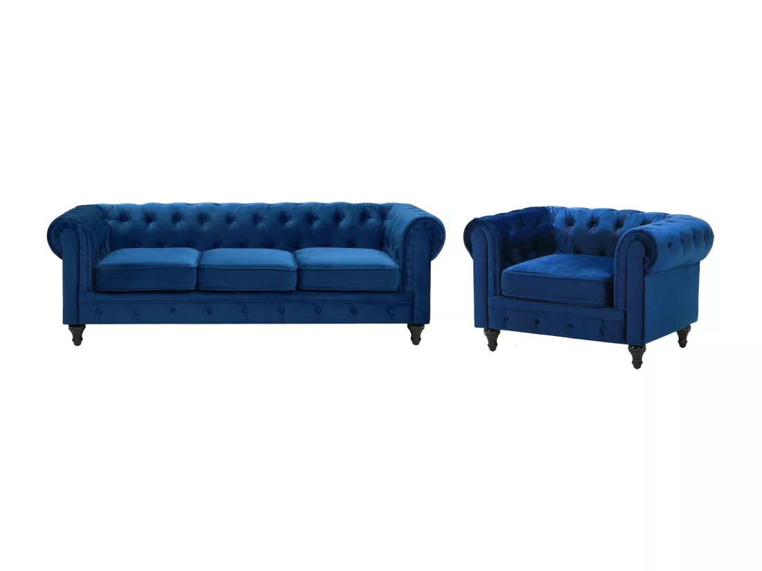 Ensemble canapé et fauteuil en velours bleu cobalt 4 places CHESTERFIELD