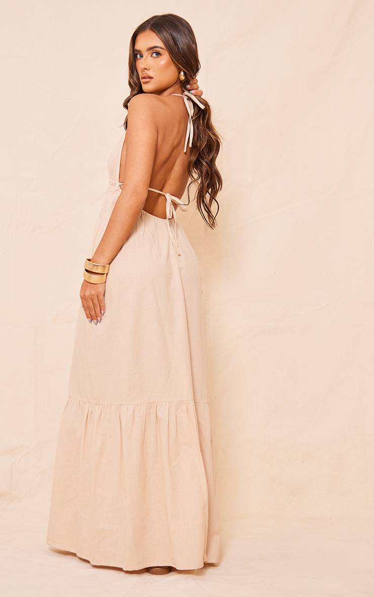 Sable Du Desert Robe Longue Dos Nu À Bretelles Décolleté Plongeant Effet Lin