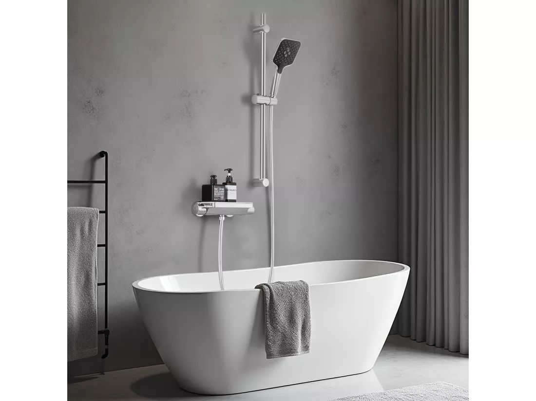 Colonne de Douche Thermostatique 38°C Avec Table de Rangement en Verre Trempé, Ensemble de Robinetterie Thermostatique Murale, Chromé