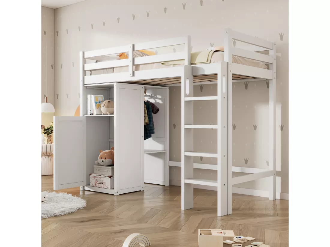 Lit mezzanine 90 x 200 cm pour enfant avec armoire et étagères - Bois de pin et MDF - Blanc