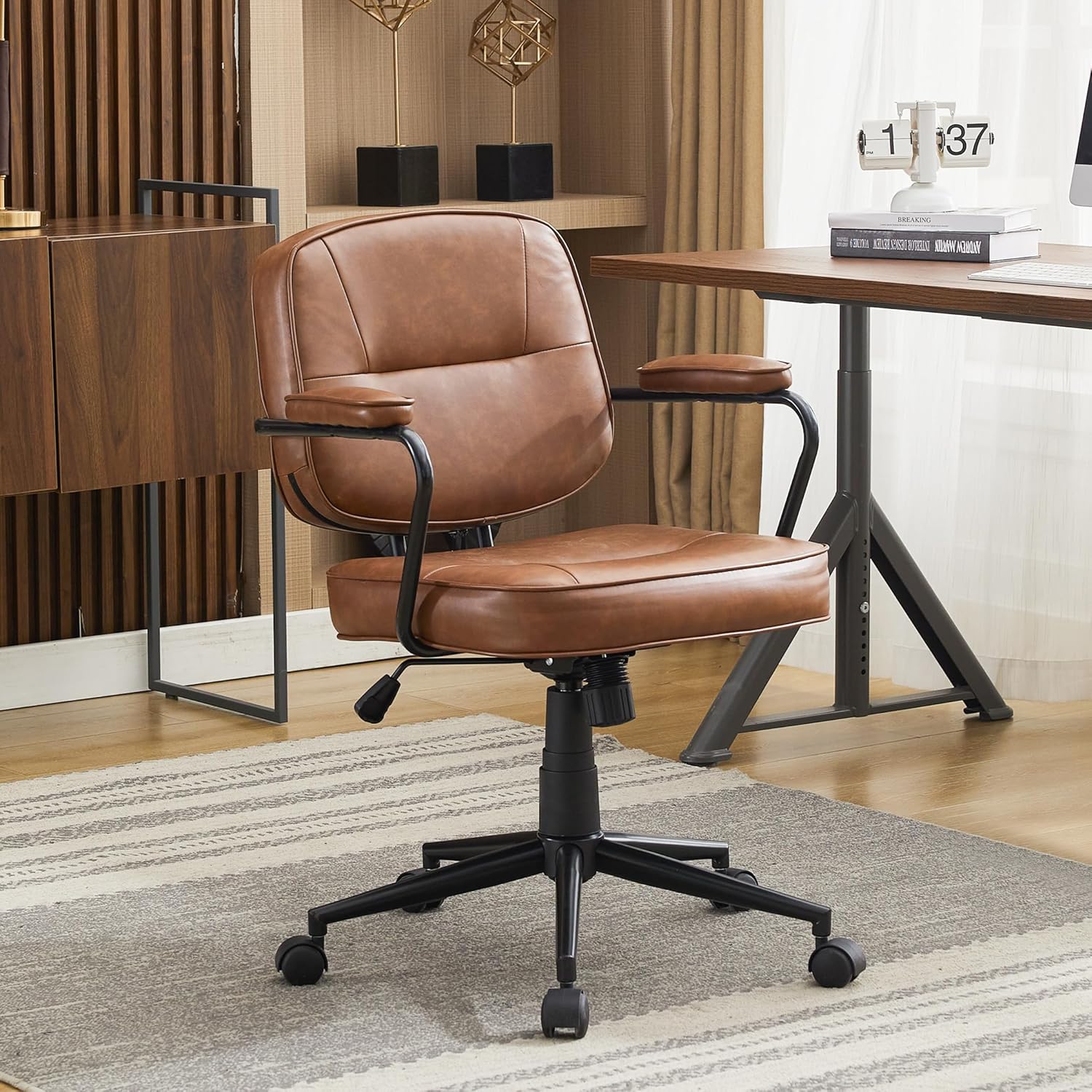 Bürostuhl mit Wippfunktion, PU-Leder Drehstuhl im modernen Retro-Stil, Höhenverstellbarer Schreibtischstuhl für Home Office, Liebhaber des Retro-Stils (Dunkelbraun)