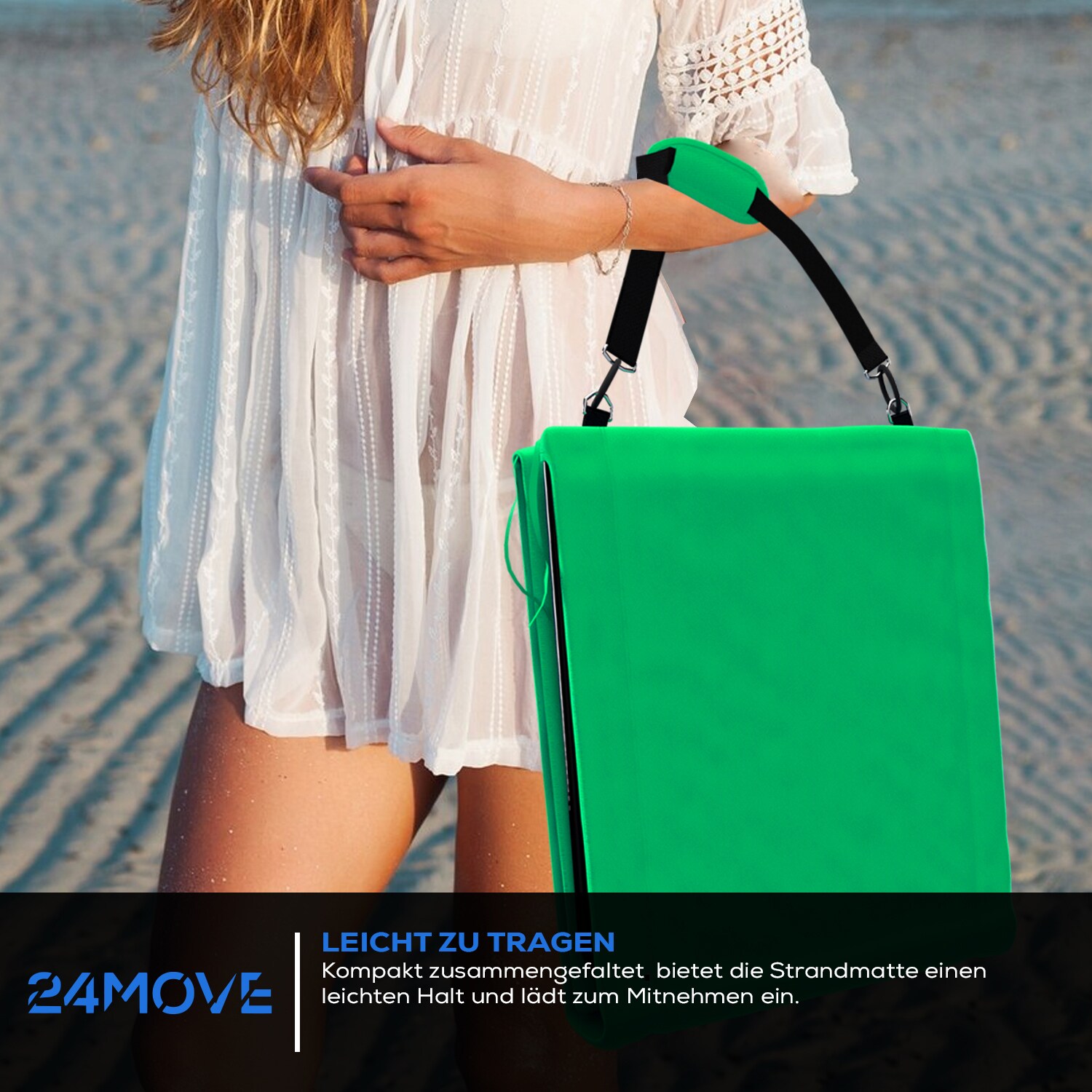 24MOVE® Strandmatte 1er Set klappbar mit Rückenlehne, Strandliege mit Gurt, tragbar für Strand und Garten, Liegematte grün